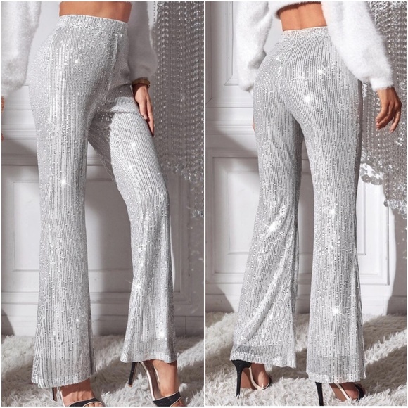 Luxe Sequin Stretchy waist Flare Wide leg Pants - Picture 2 of 4
